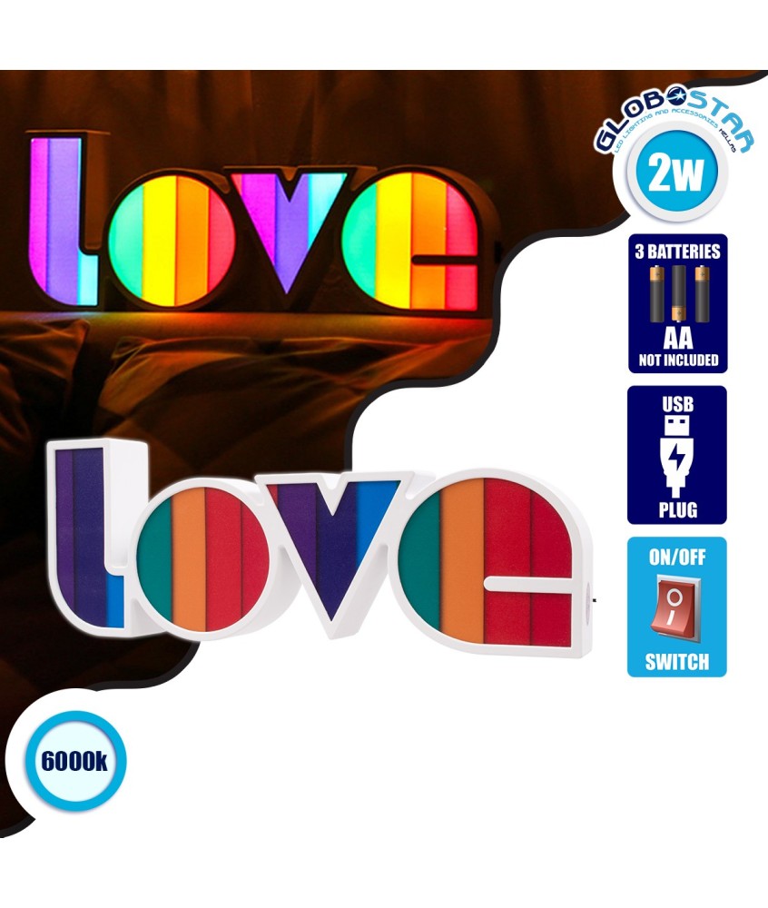 GLOBOSTAR® LOVE BOMBING 76550 Μοντέρνο Επιτραπέζιο Φωτιστικό Πορτατίφ LED 2W 120lm 180° DC 4.5V με Μπαταρίες 3xAAA IP20 Ψυχρό Λευκό 6000K - Πολύχρωμο - Μ36 x Π13.5 x Υ4.8cm - 2 Χρόνια Εγγύηση